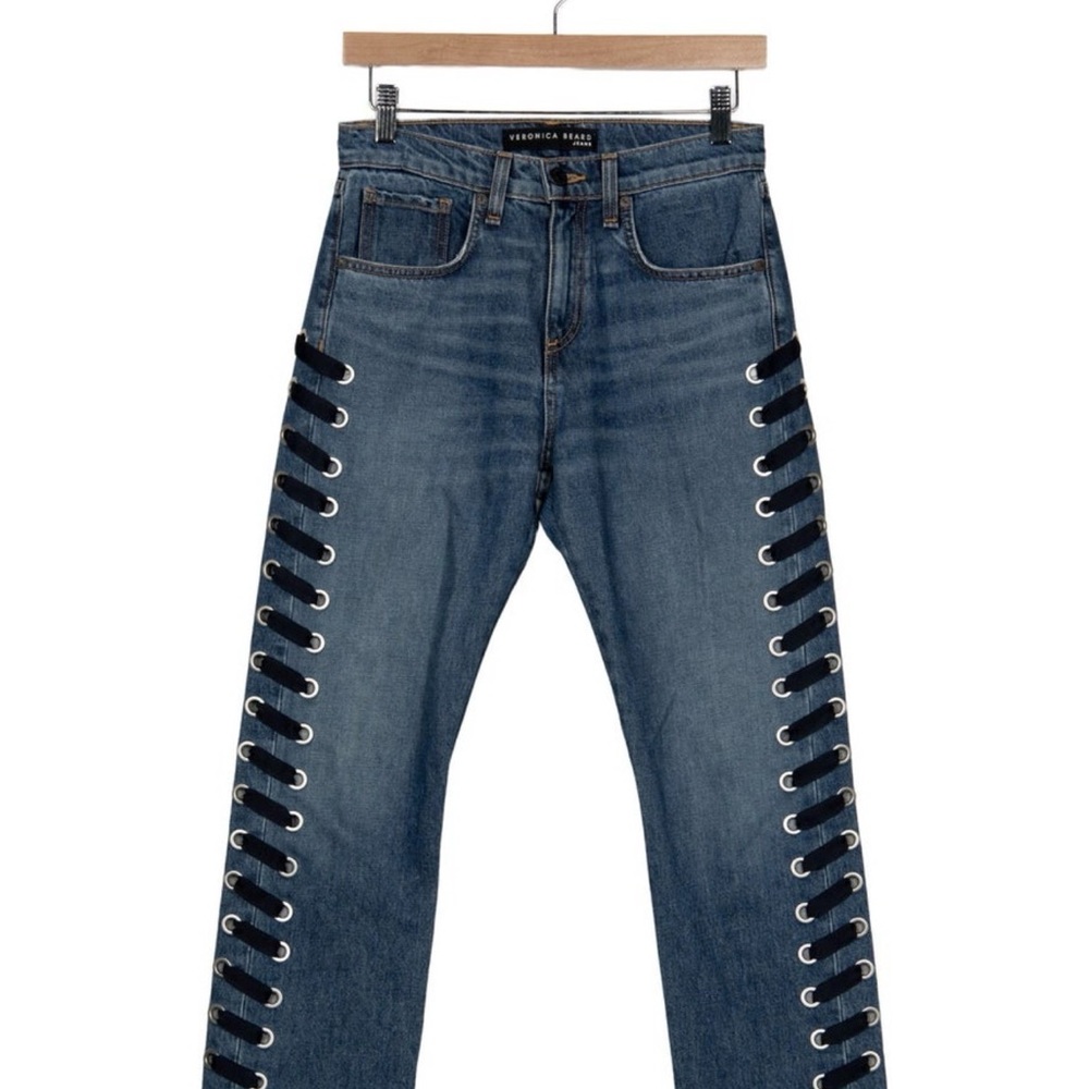 Veronica Beard Dark Blue Straight Jeans with Black Lace-Up Sides